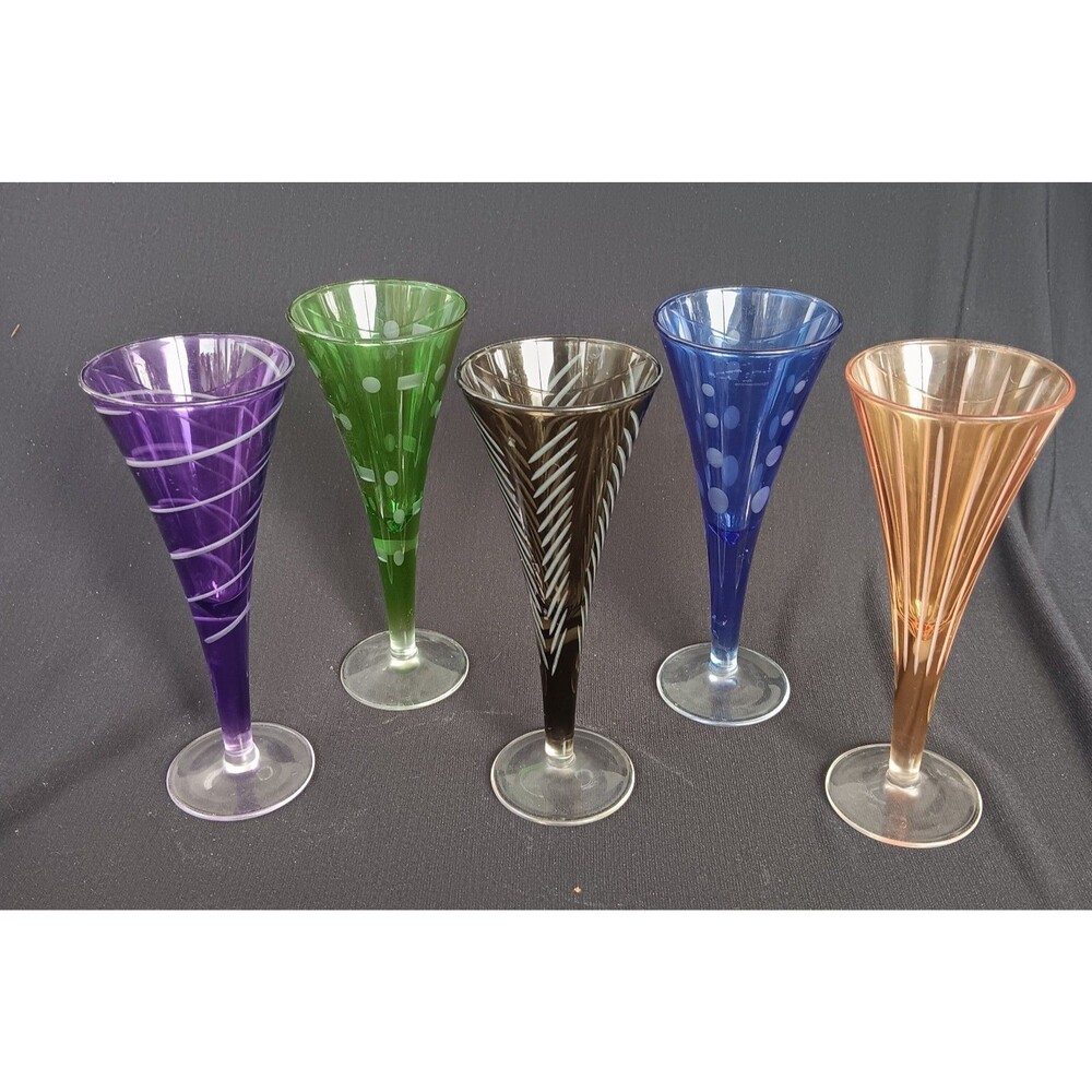5 Pc Mikasa Cheers Cordial Glasses Multicolor Purple Green Blue Etched READ